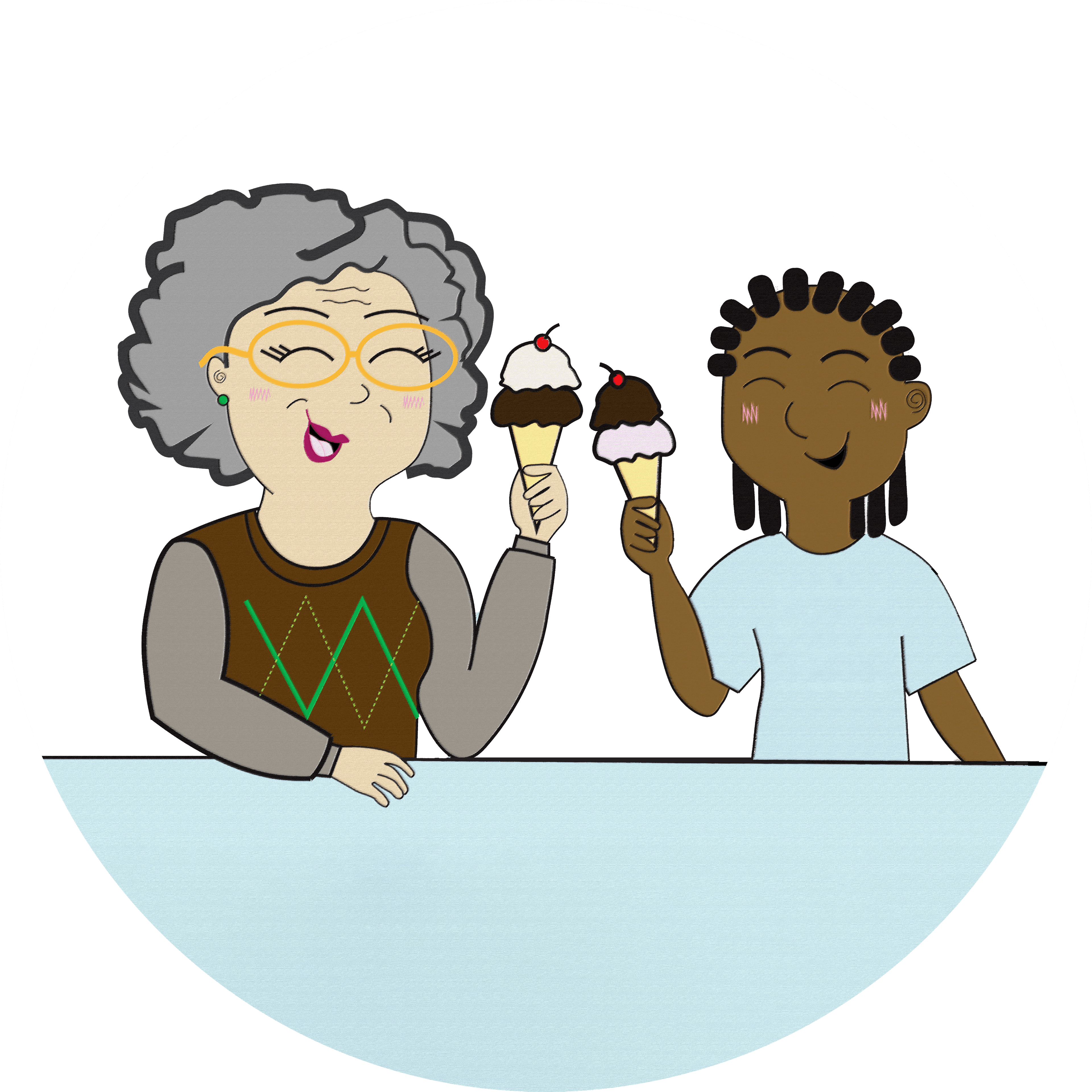 A drawing of an older woman and a young boy enjoying ice cream cones together.